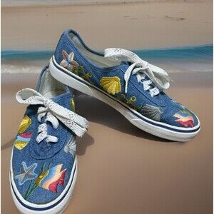 VTG Sebastino Denim Embroidered Shoe 7.5  Blue Tropical Nautical Coastal Grandma